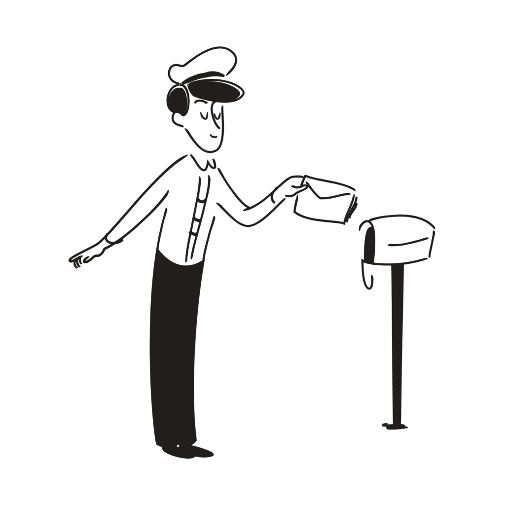 Illustrajonsbilde i svart/hvitt av en postmann som putter et brev i en postkasse.
