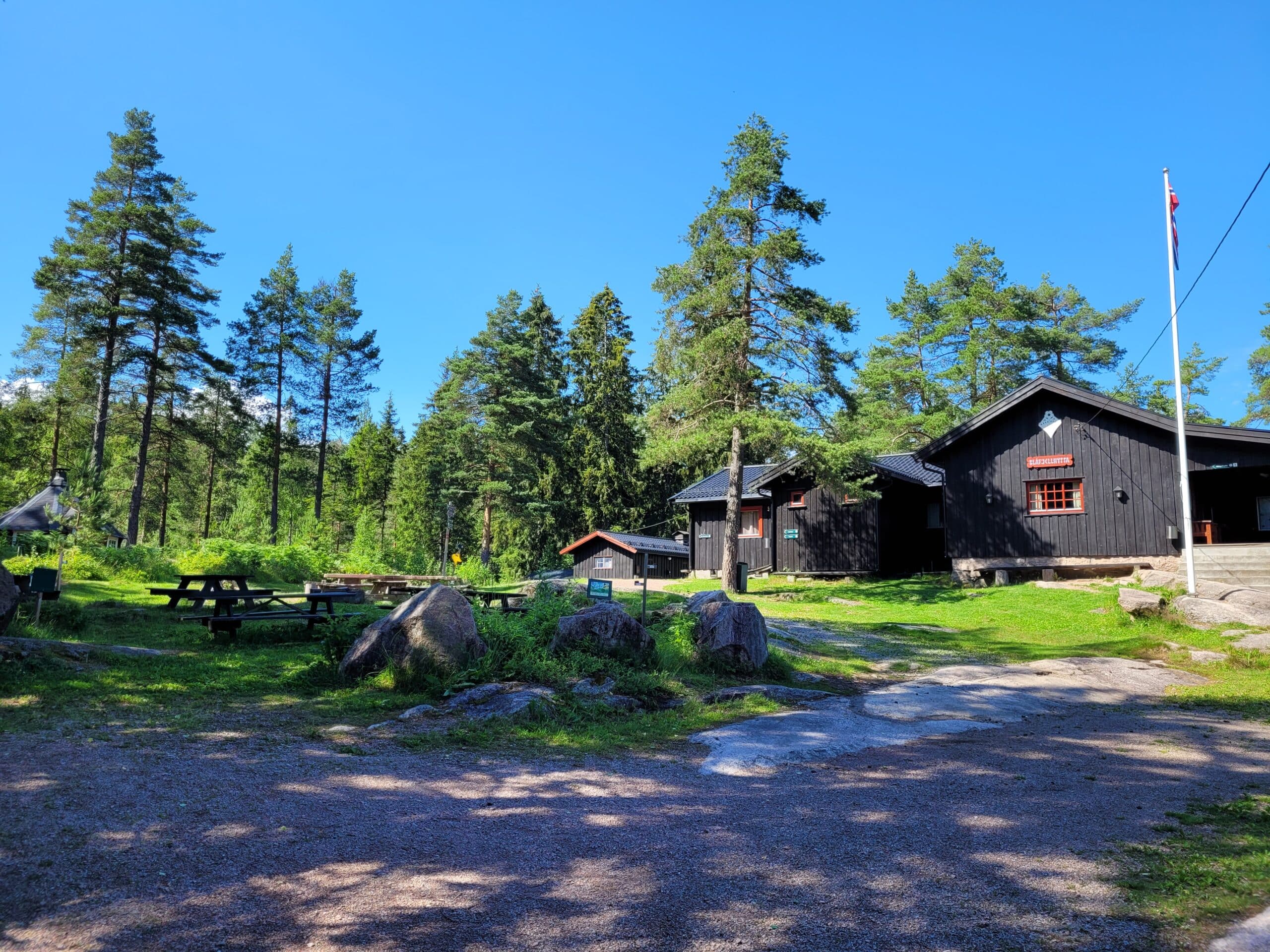 Turisthytte i furuskog med blå himmel sommerstid